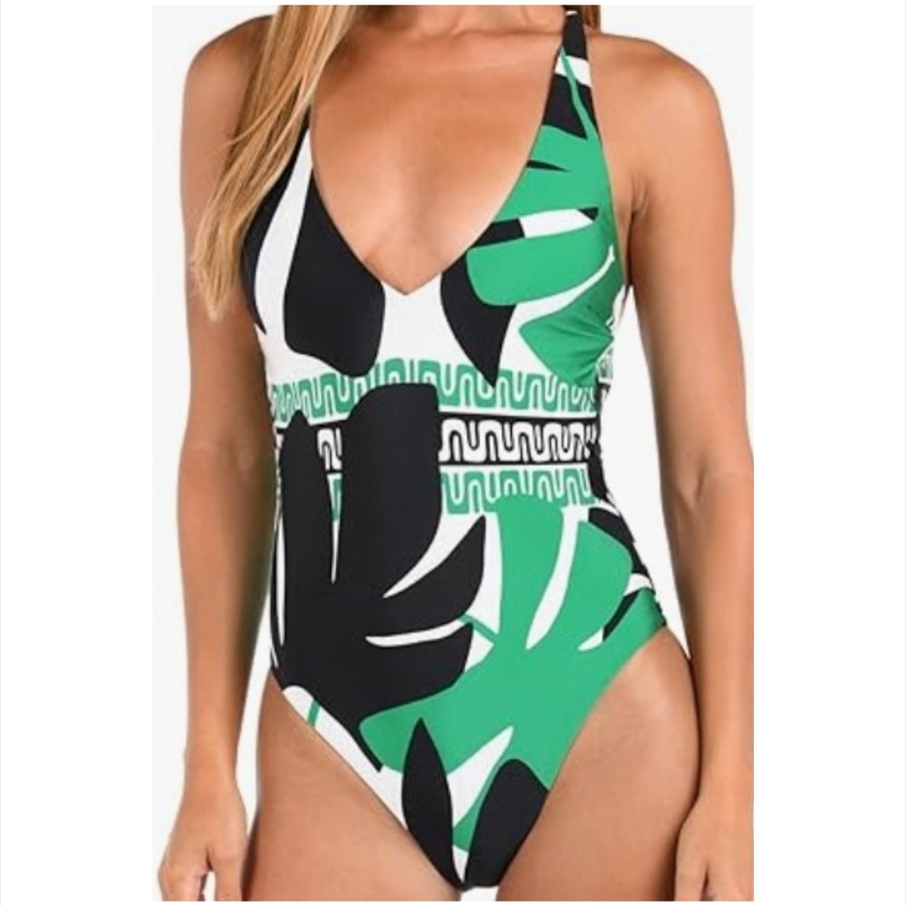 Green and Black Leaf Print Swimsuit